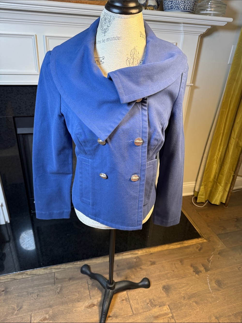 St. John Navy Double-Breasted Pea Coat with Draped Asymmetric Collar